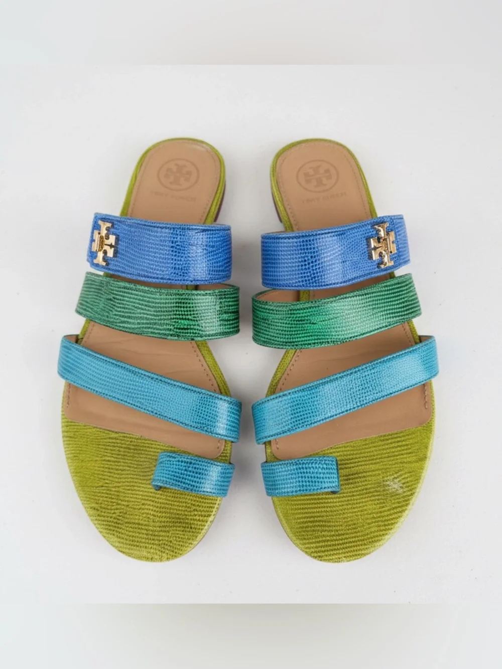 Tory Burch Kira Toe Ring Sandals Blue Green Leather Size 8 M